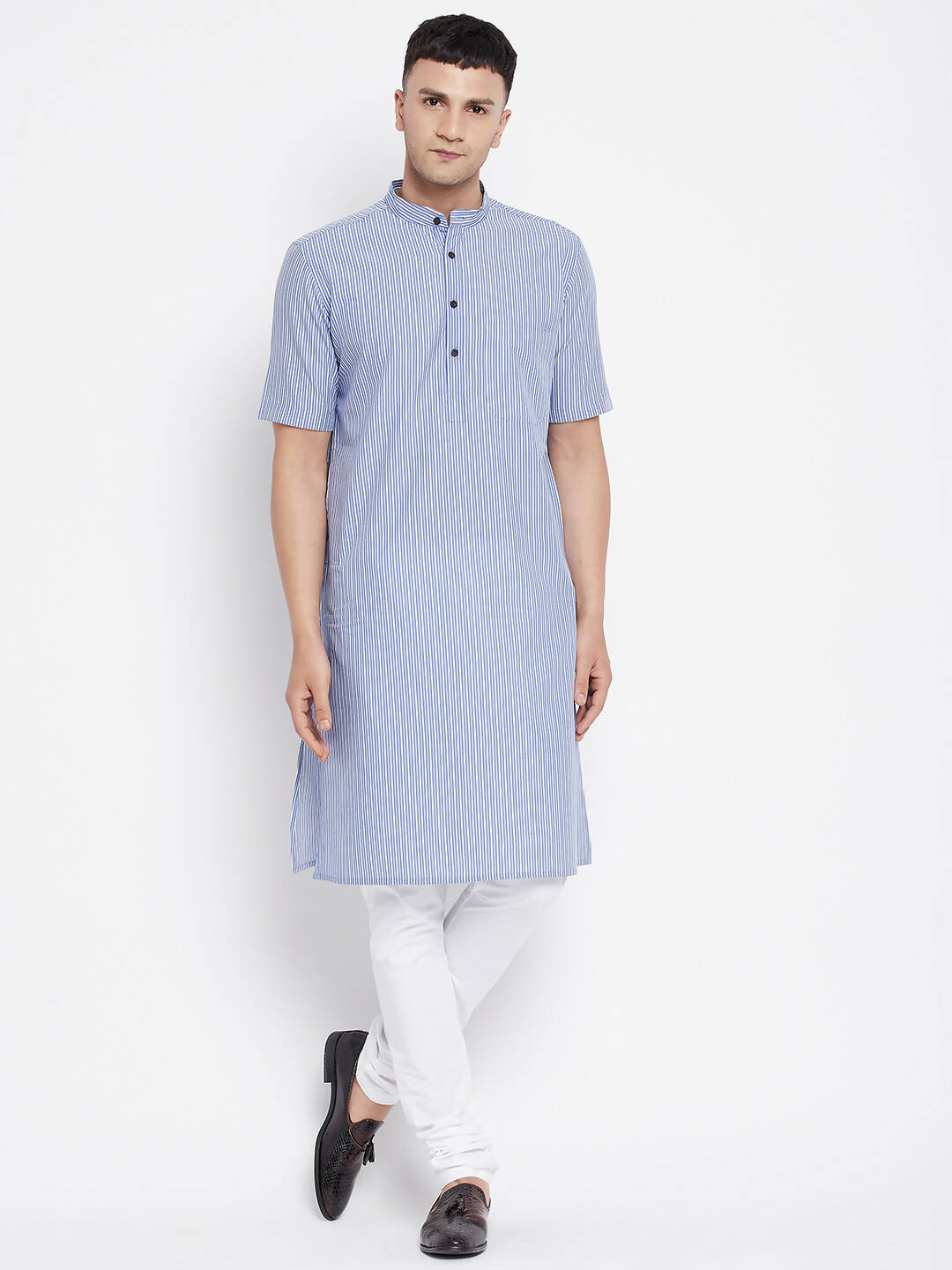 Even Apparels Blue Men's H/S Pure Cotton Kurta With Band Collar | Grocsy