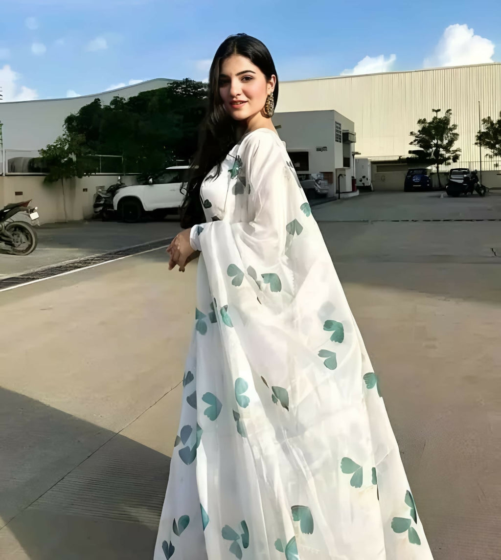 Dishitha Creation Women Floral Printed Designer Gown - Off White | Grocsy