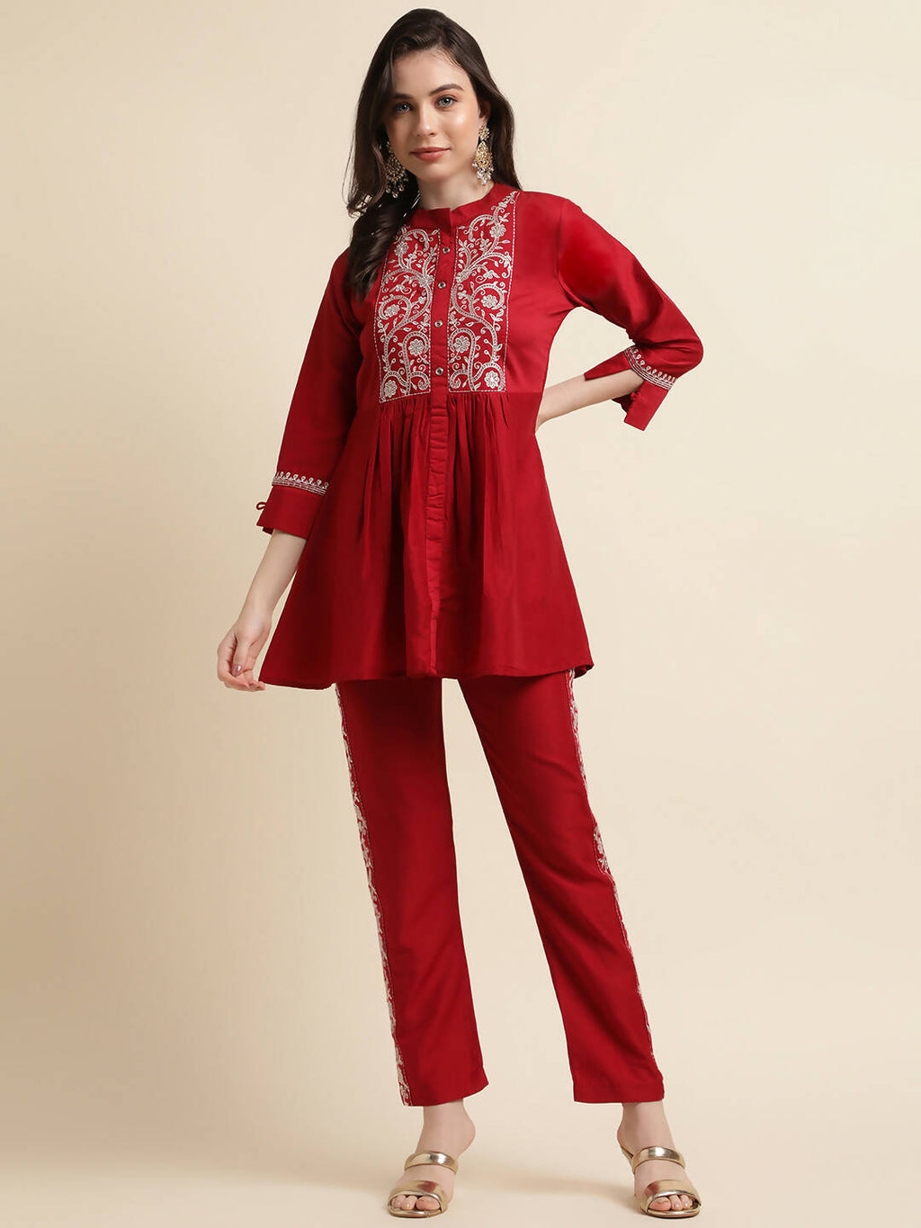 Red Chinon Floral Embroidered Top with Bottom - Maanushi | Grocsy