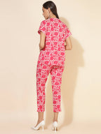 Janasya Women's Pink and White Cotton Printed Casual Regular Co-ords | Grocsy
