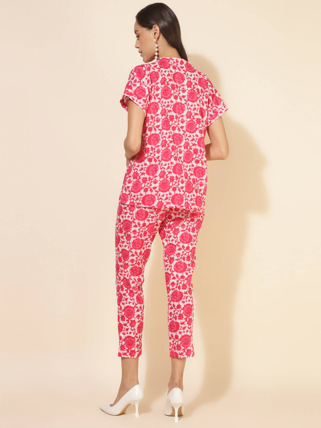 Janasya Women's Pink and White Cotton Printed Casual Regular Co-ords | Grocsy