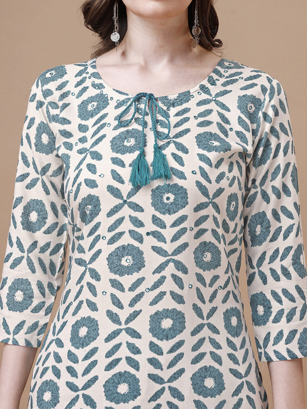 Women Tie Up Tassel Neck Printed Kurta With Pant, Multicolor - Hiral Fashion | Grocsy