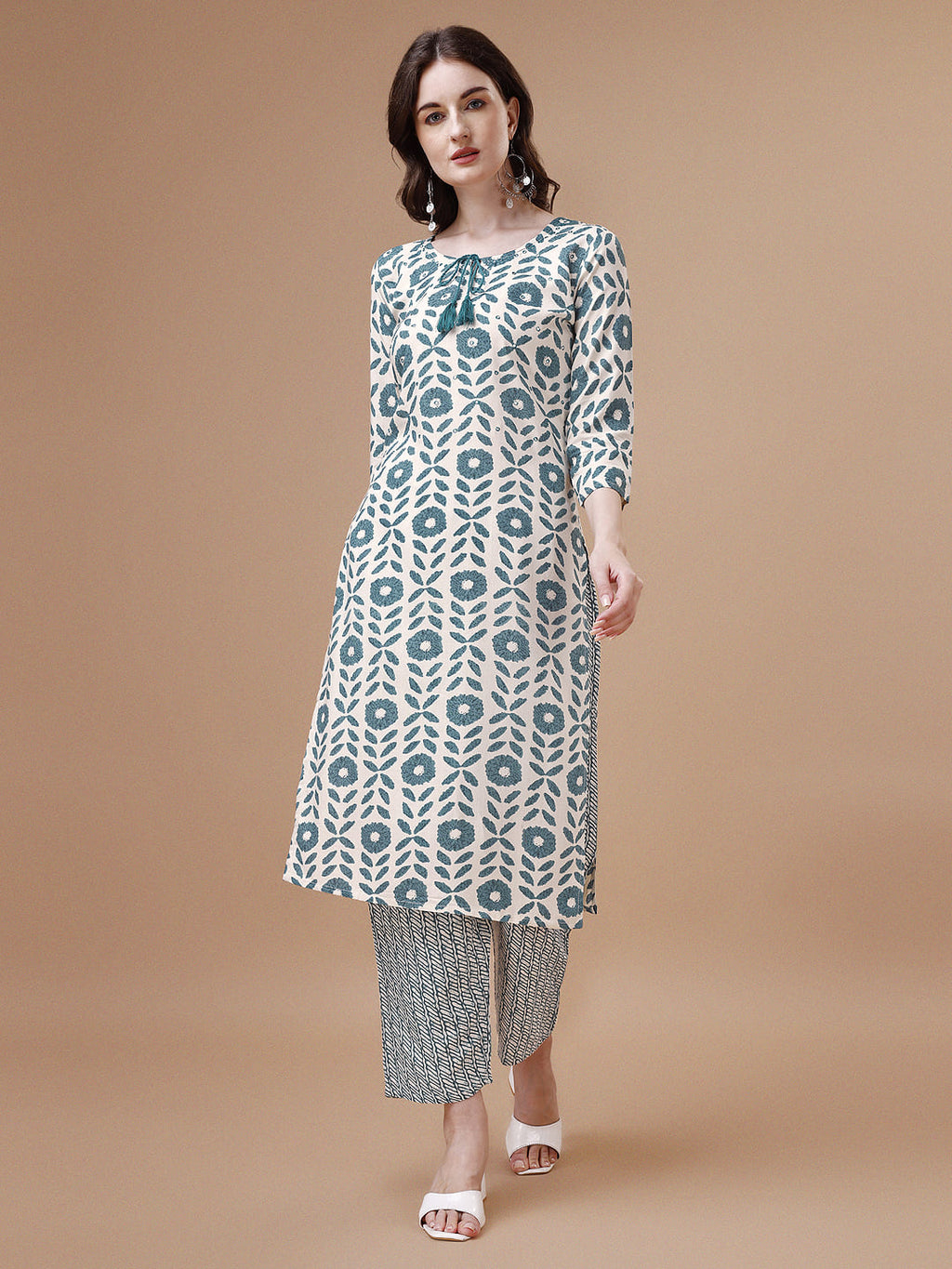 Women Tie Up Tassel Neck Printed Kurta With Pant, Multicolor - Hiral Fashion | Grocsy