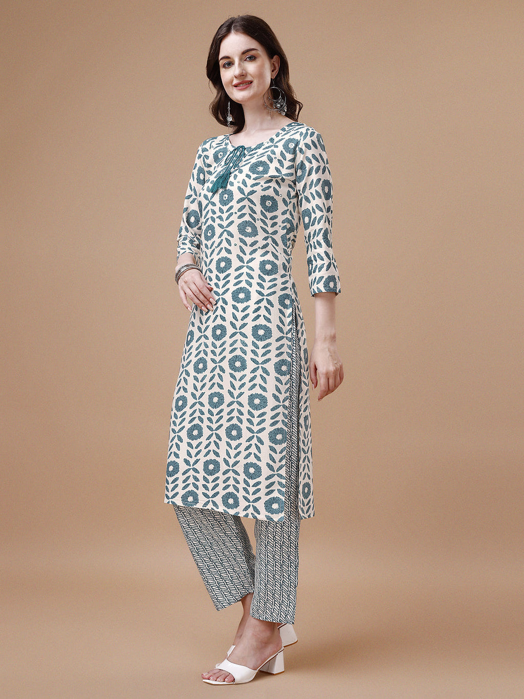 Women Tie Up Tassel Neck Printed Kurta With Pant, Multicolor - Hiral Fashion | Grocsy