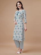 Women Tie Up Tassel Neck Printed Kurta With Pant, Multicolor - Hiral Fashion | Grocsy