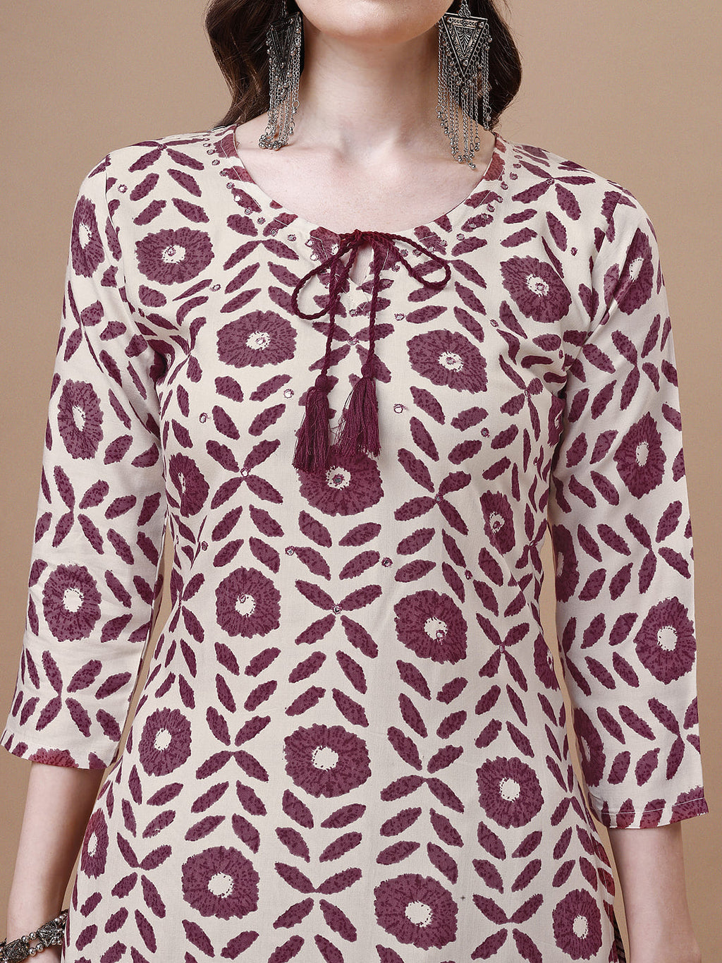 Women Tie Up Tassel Neck Printed Kurta With Pant, Multicolor - Hiral Fashion | Grocsy