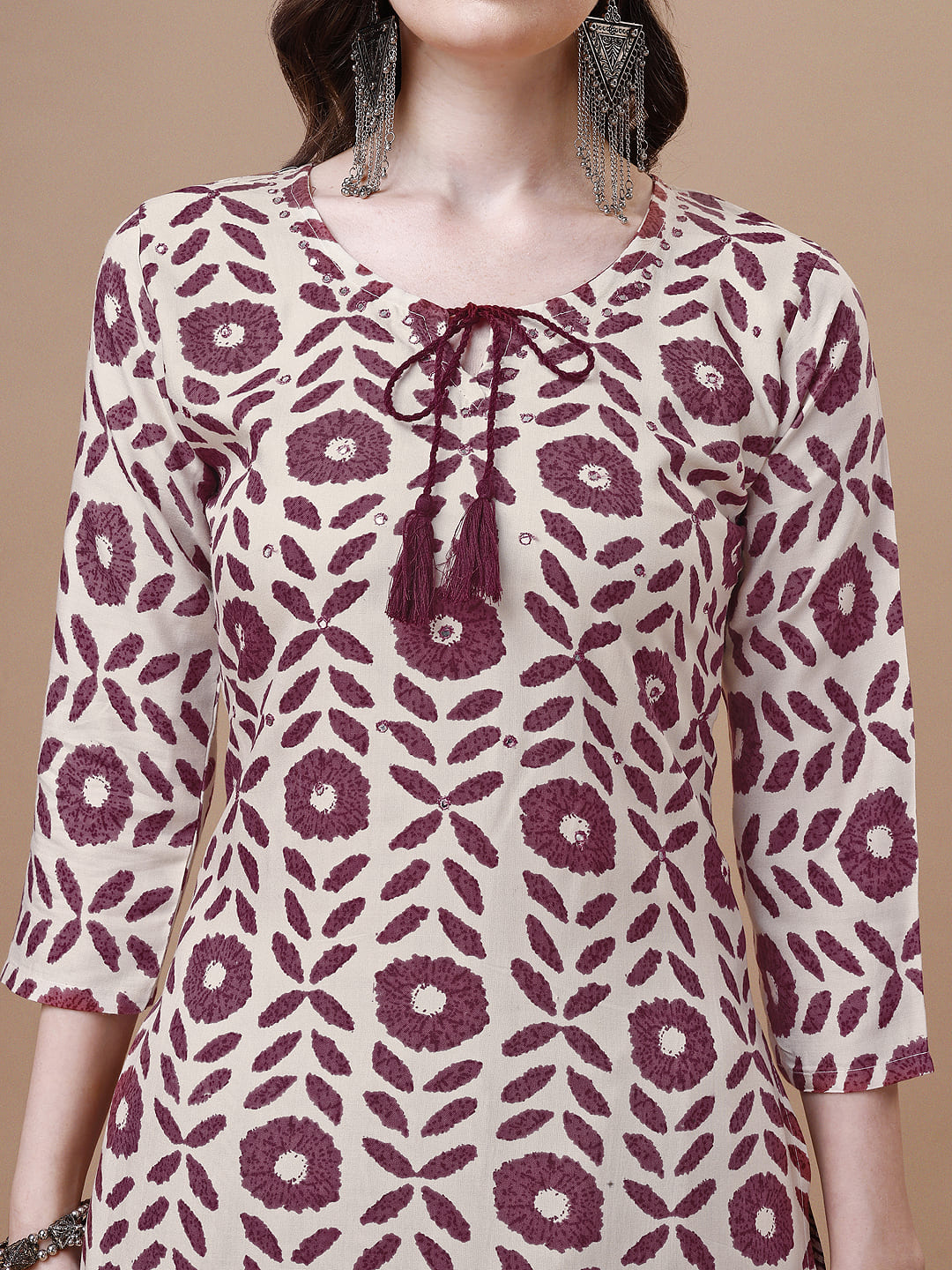 Women Tie Up Tassel Neck Printed Kurta With Pant, Multicolor - Hiral Fashion | Grocsy