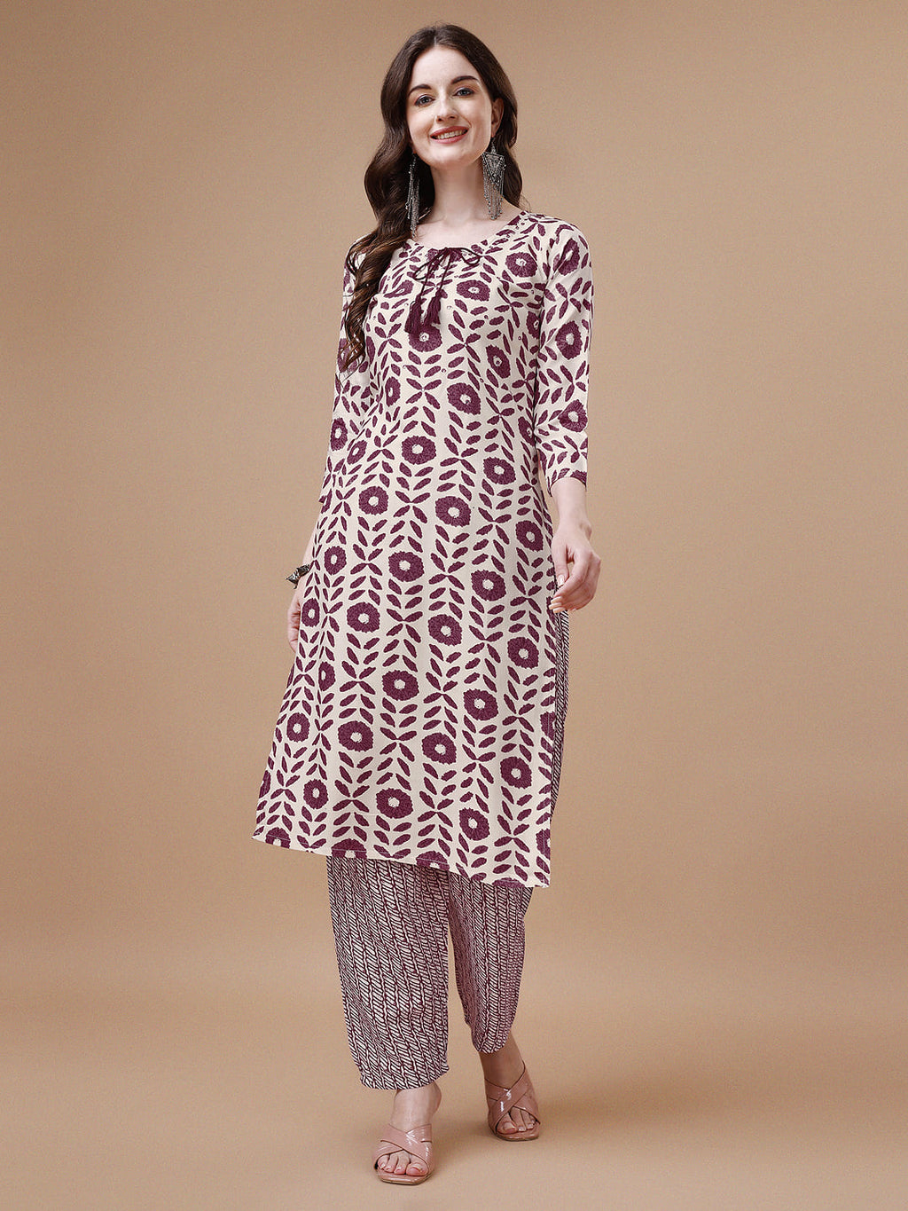 Women Tie Up Tassel Neck Printed Kurta With Pant, Multicolor - Hiral Fashion | Grocsy