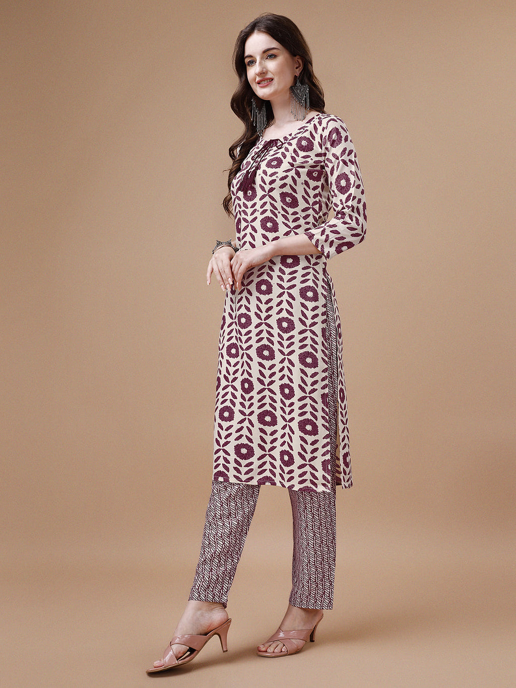 Women Tie Up Tassel Neck Printed Kurta With Pant, Multicolor - Hiral Fashion | Grocsy