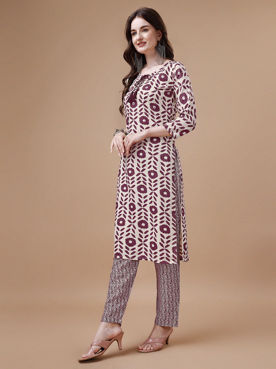 Women Tie Up Tassel Neck Printed Kurta With Pant, Multicolor - Hiral Fashion | Grocsy