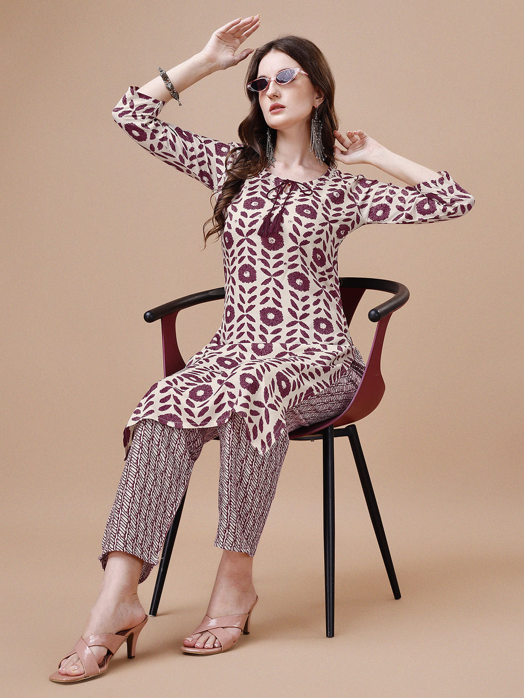 Women Tie Up Tassel Neck Printed Kurta With Pant, Multicolor - Hiral Fashion | Grocsy