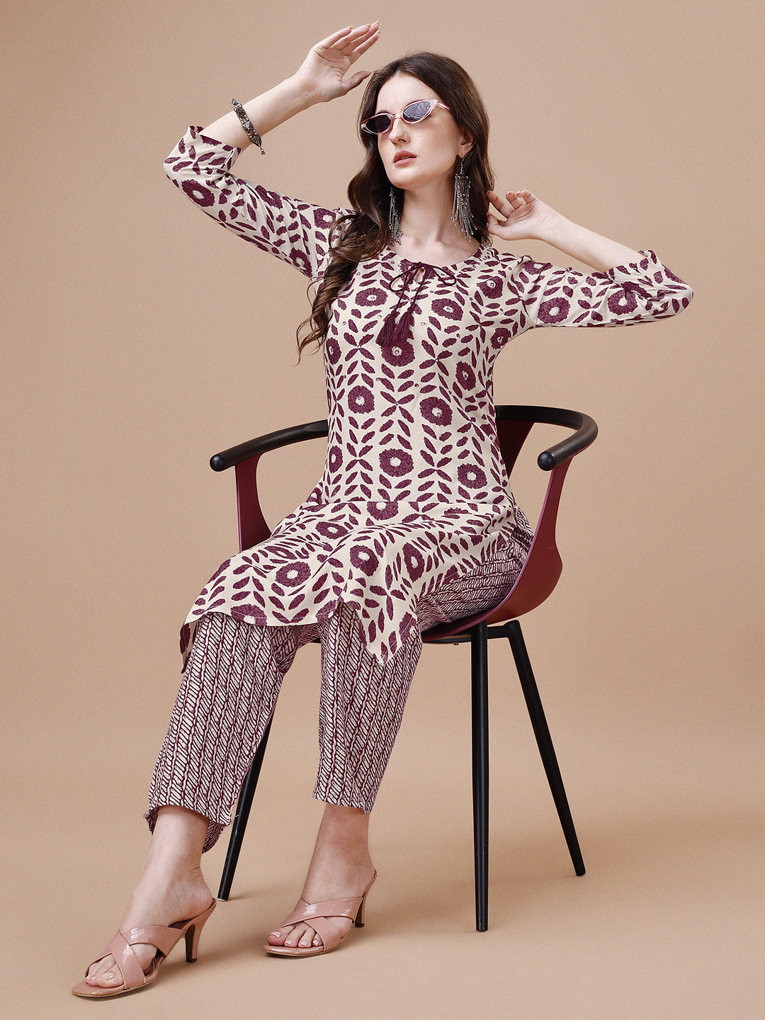 Women Tie Up Tassel Neck Printed Kurta With Pant, Multicolor - Hiral Fashion | Grocsy