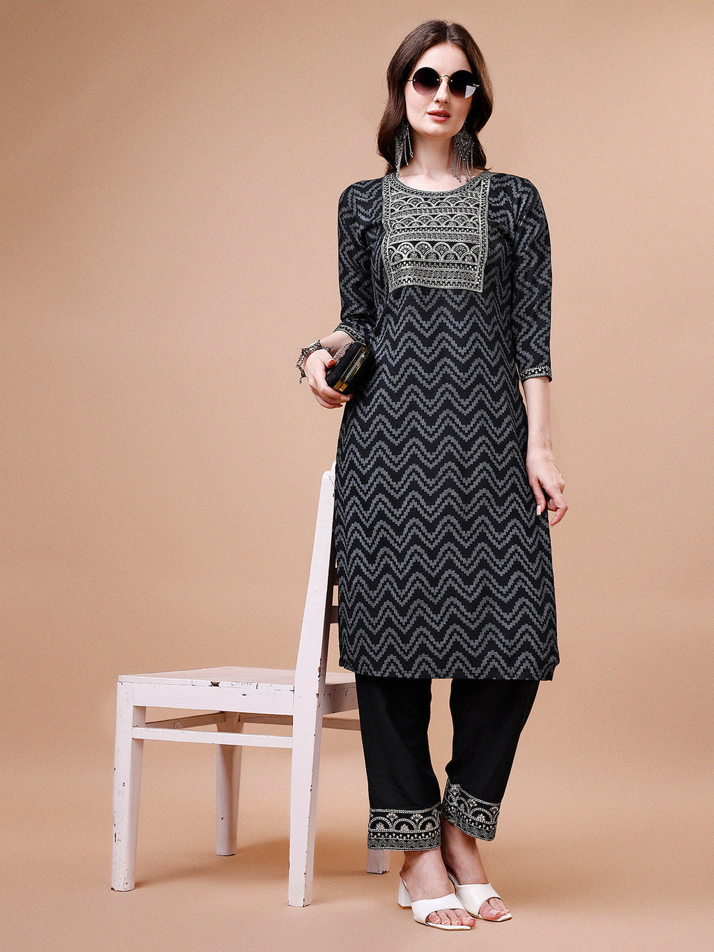 Embroidered Chevron Printed Cotton Kurta With Pant, Multicolor - Hiral Fashion | Grocsy