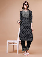 Embroidered Chevron Printed Cotton Kurta With Pant, Multicolor - Hiral Fashion | Grocsy