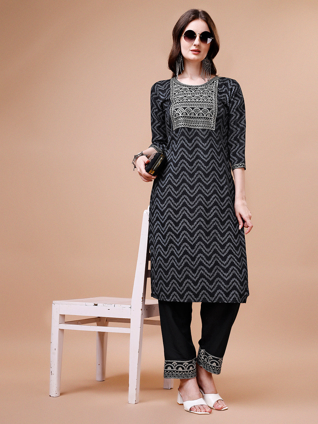 Embroidered Chevron Printed Cotton Kurta With Pant, Multicolor - Hiral Fashion | Grocsy