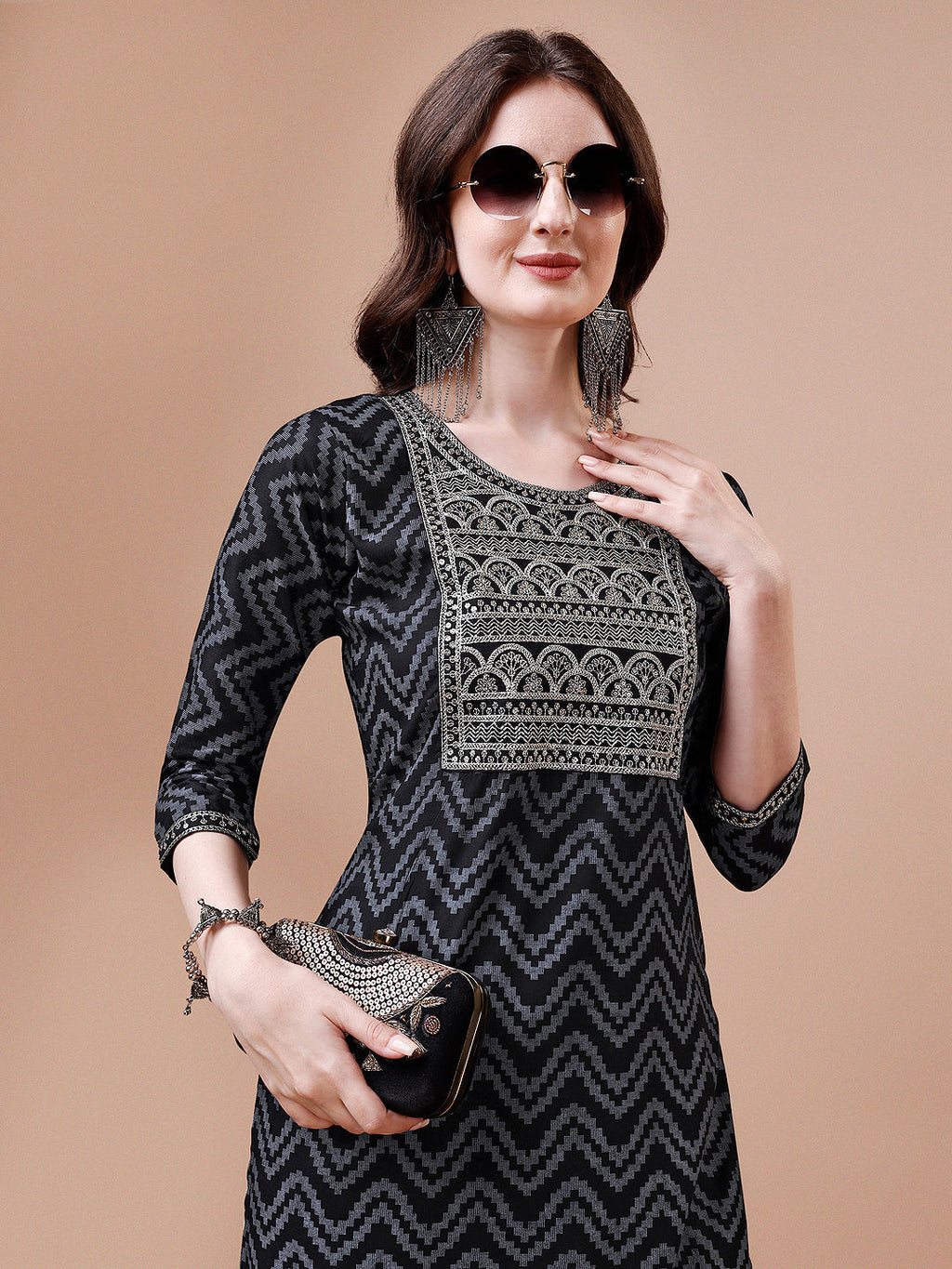 Embroidered Chevron Printed Cotton Kurta With Pant, Multicolor - Hiral Fashion | Grocsy