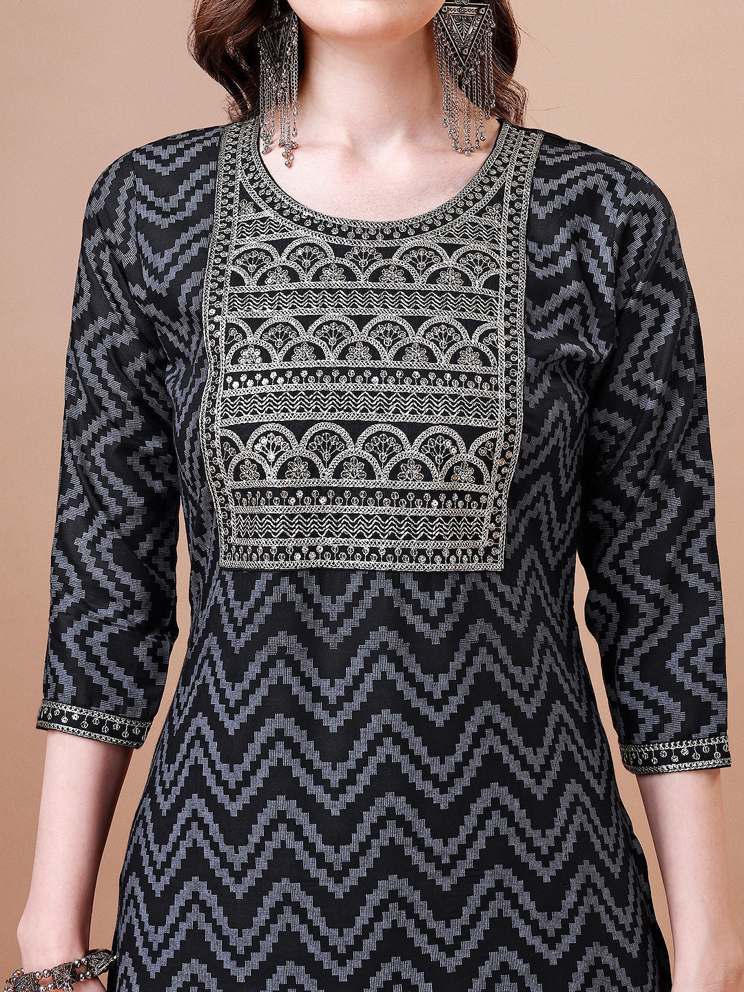 Embroidered Chevron Printed Cotton Kurta With Pant, Multicolor - Hiral Fashion | Grocsy