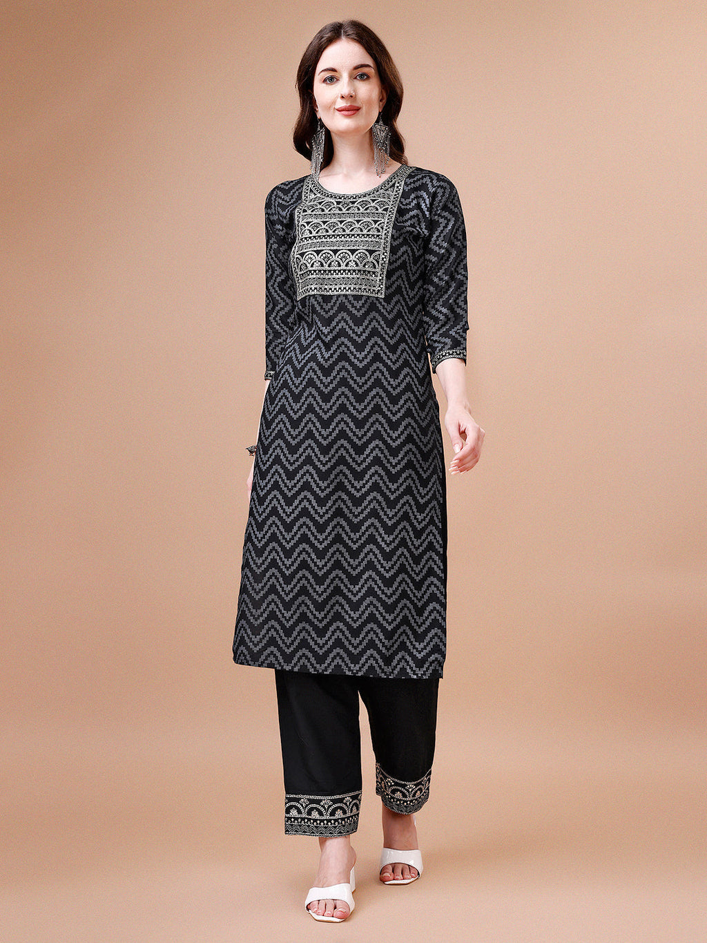 Embroidered Chevron Printed Cotton Kurta With Pant, Multicolor - Hiral Fashion | Grocsy