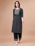 Embroidered Chevron Printed Cotton Kurta With Pant, Multicolor - Hiral Fashion | Grocsy