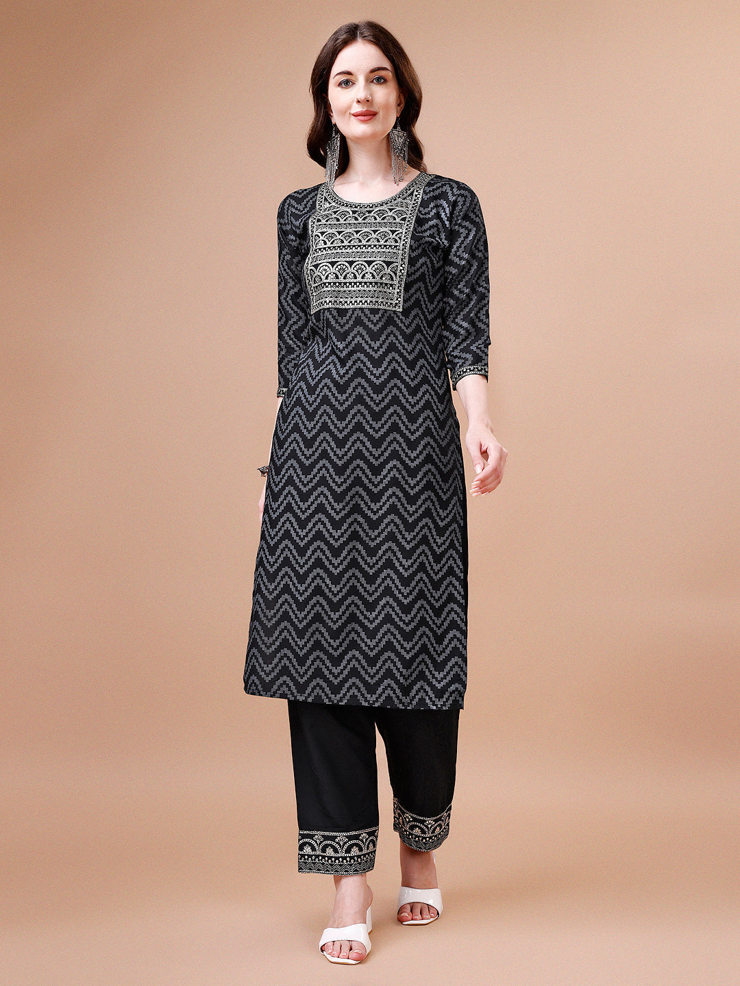 Embroidered Chevron Printed Cotton Kurta With Pant, Multicolor - Hiral Fashion | Grocsy