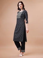 Embroidered Chevron Printed Cotton Kurta With Pant, Multicolor - Hiral Fashion | Grocsy