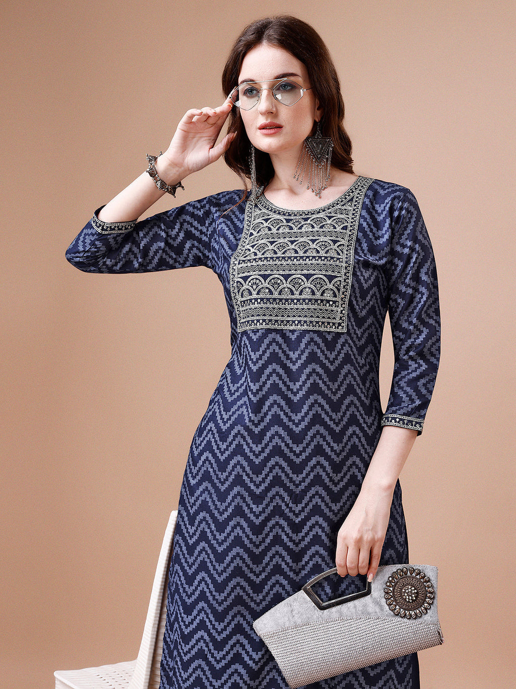Embroidered Chevron Printed Cotton Kurta With Pant, Multicolor - Hiral Fashion | Grocsy