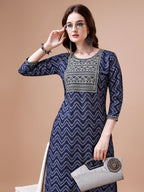Embroidered Chevron Printed Cotton Kurta With Pant, Multicolor - Hiral Fashion | Grocsy