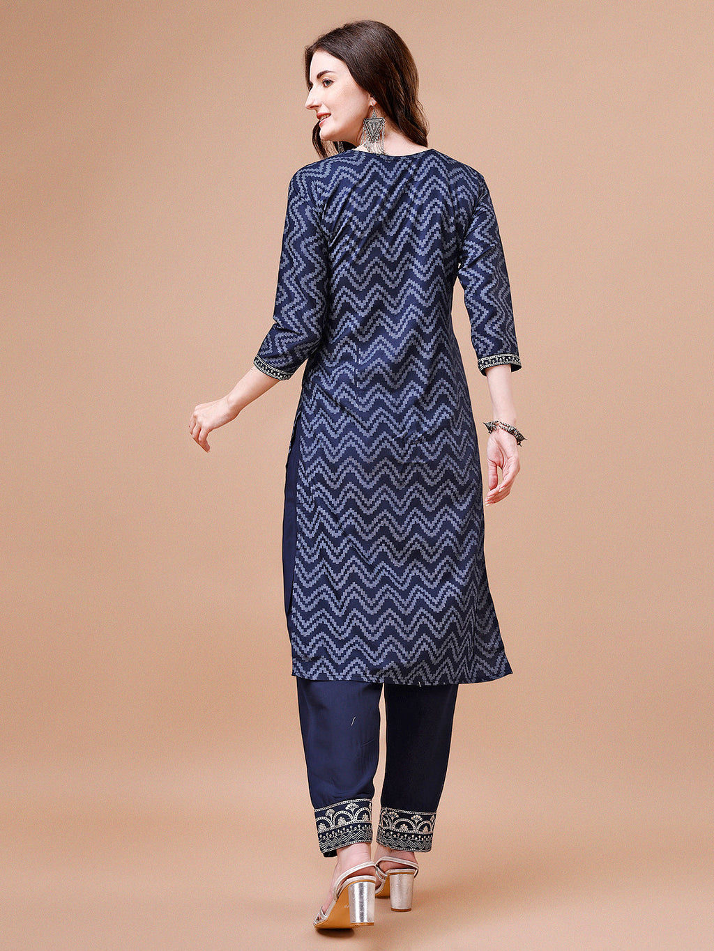 Embroidered Chevron Printed Cotton Kurta With Pant, Multicolor - Hiral Fashion | Grocsy