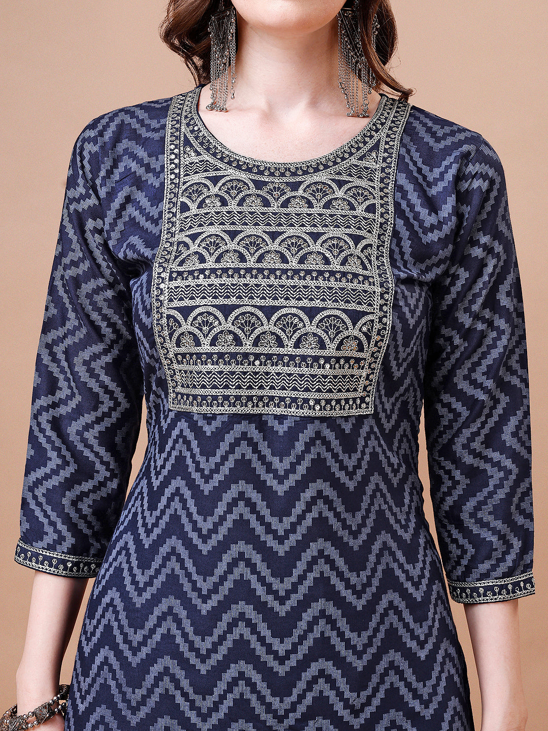 Embroidered Chevron Printed Cotton Kurta With Pant, Multicolor - Hiral Fashion | Grocsy