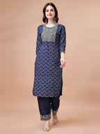 Embroidered Chevron Printed Cotton Kurta With Pant, Multicolor - Hiral Fashion | Grocsy