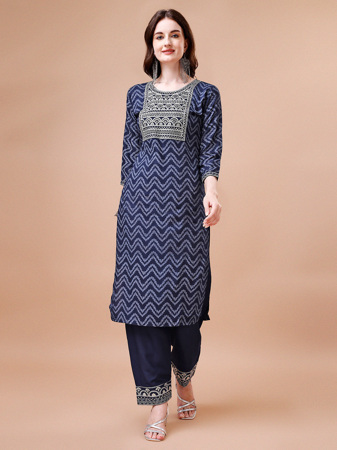 Embroidered Chevron Printed Cotton Kurta With Pant, Multicolor - Hiral Fashion | Grocsy