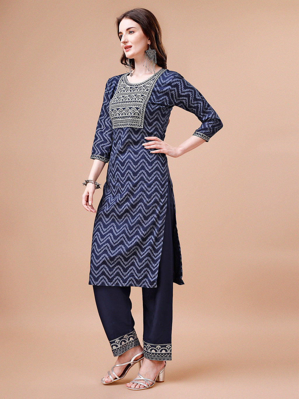 Embroidered Chevron Printed Cotton Kurta With Pant, Multicolor - Hiral Fashion | Grocsy