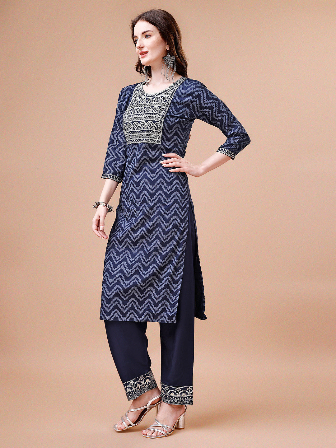 Embroidered Chevron Printed Cotton Kurta With Pant, Multicolor - Hiral Fashion | Grocsy