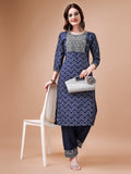 Embroidered Chevron Printed Cotton Kurta With Pant, Multicolor - Hiral Fashion | Grocsy