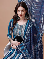 Embroidered And Striped Printed Indigo Kurta With Pant & Printed Dupatta, Multicolor - Hiral Fashion | Grocsy