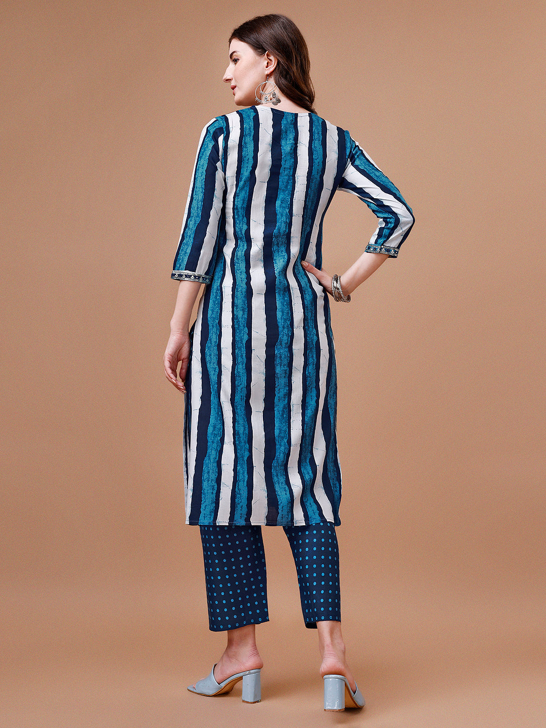 Embroidered And Striped Printed Indigo Kurta With Pant & Printed Dupatta, Multicolor - Hiral Fashion | Grocsy