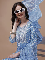 Embroidered & Floral Printed Cotton Kurta With Pant & Dupatta Set, Multicolor - Hiral Fashion | Grocsy