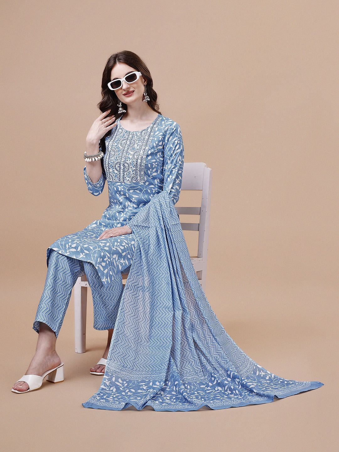 Embroidered & Floral Printed Cotton Kurta With Pant & Dupatta Set, Multicolor - Hiral Fashion | Grocsy