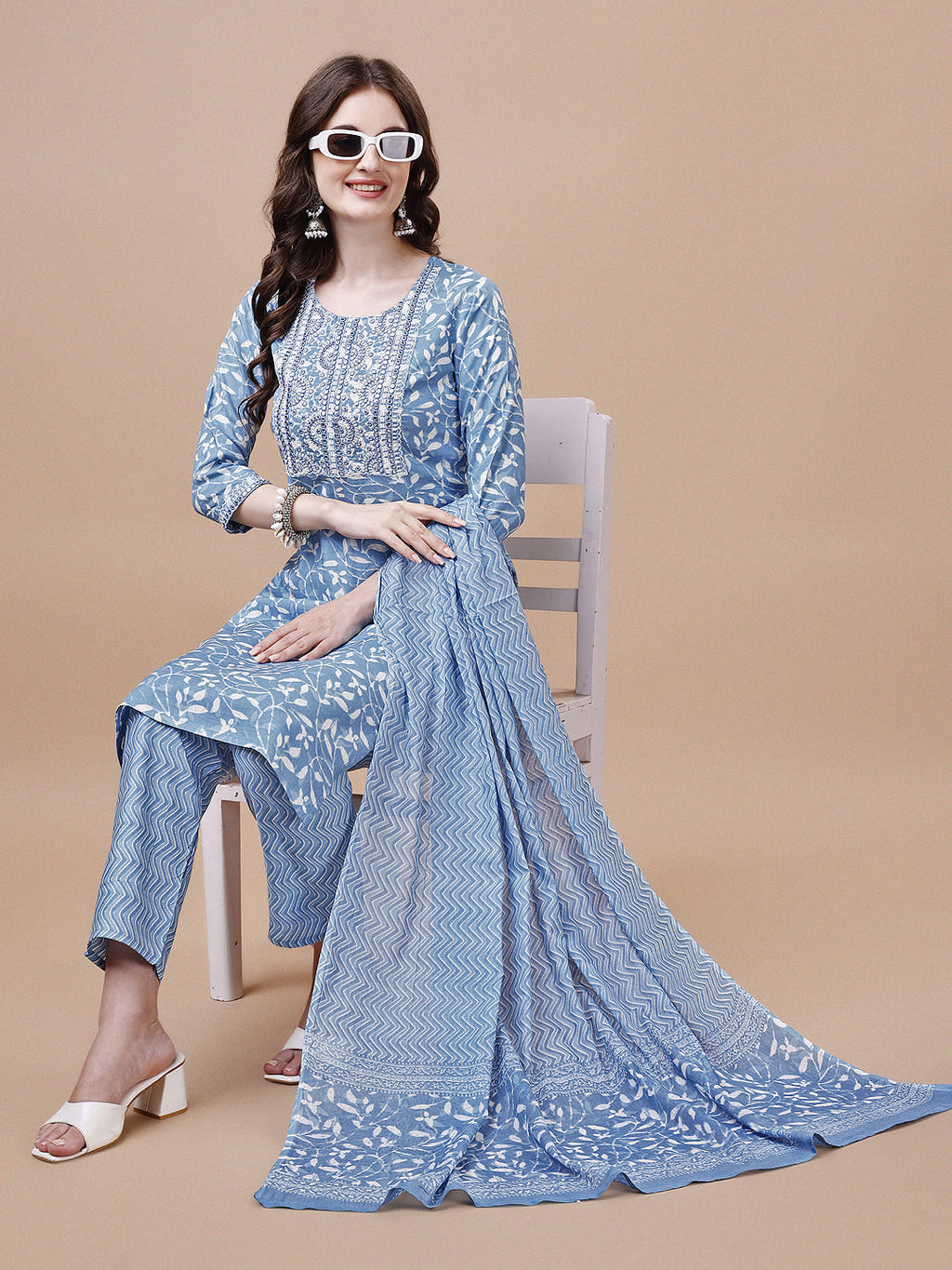 Embroidered & Floral Printed Cotton Kurta With Pant & Dupatta Set, Multicolor - Hiral Fashion | Grocsy