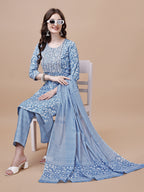 Embroidered & Floral Printed Cotton Kurta With Pant & Dupatta Set, Multicolor - Hiral Fashion | Grocsy