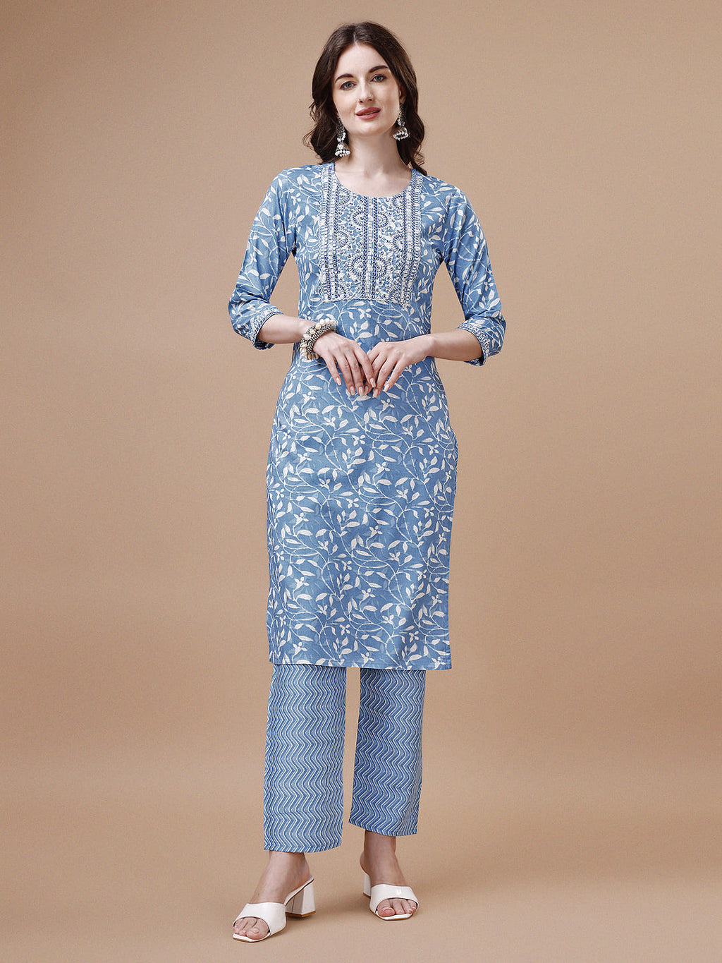Embroidered & Floral Printed Cotton Kurta With Pant & Dupatta Set, Multicolor - Hiral Fashion | Grocsy