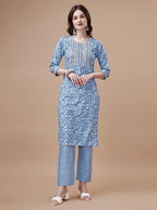 Embroidered & Floral Printed Cotton Kurta With Pant & Dupatta Set, Multicolor - Hiral Fashion | Grocsy