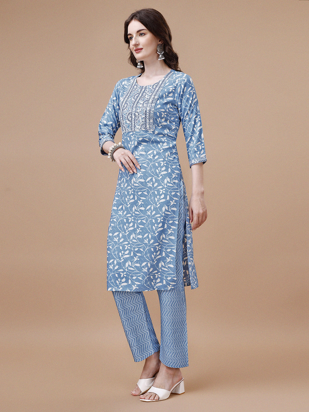 Embroidered & Floral Printed Cotton Kurta With Pant & Dupatta Set, Multicolor - Hiral Fashion | Grocsy