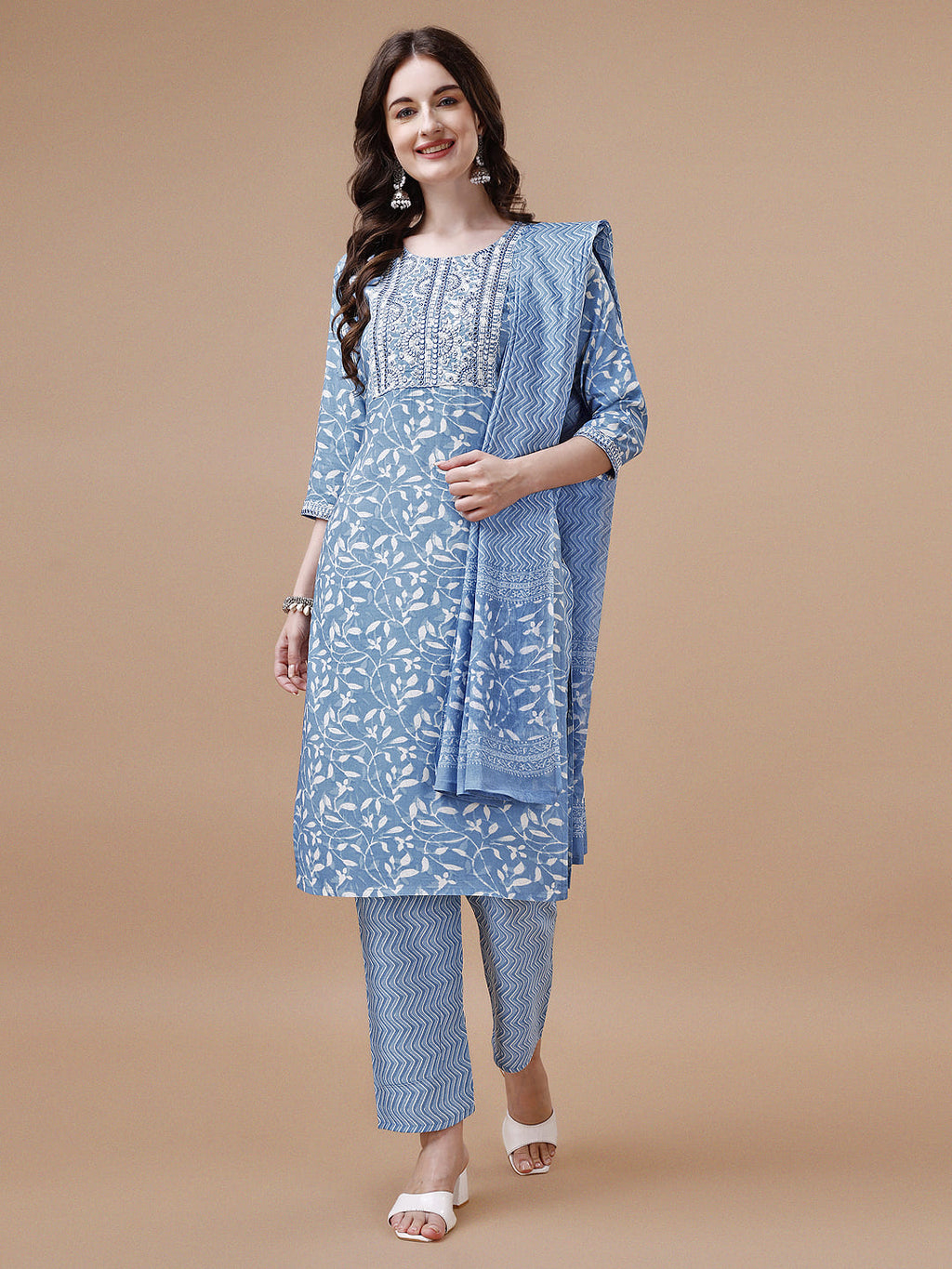 Embroidered & Floral Printed Cotton Kurta With Pant & Dupatta Set, Multicolor - Hiral Fashion | Grocsy