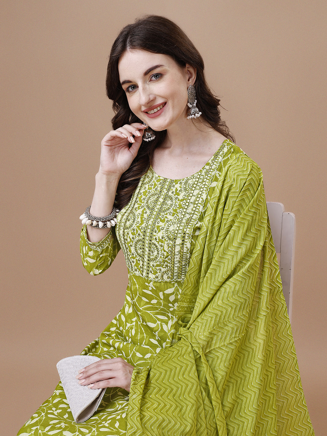 Embroidered & Floral Printed Cotton Kurta With Pant & Dupatta Set, Multicolor - Hiral Fashion | Grocsy