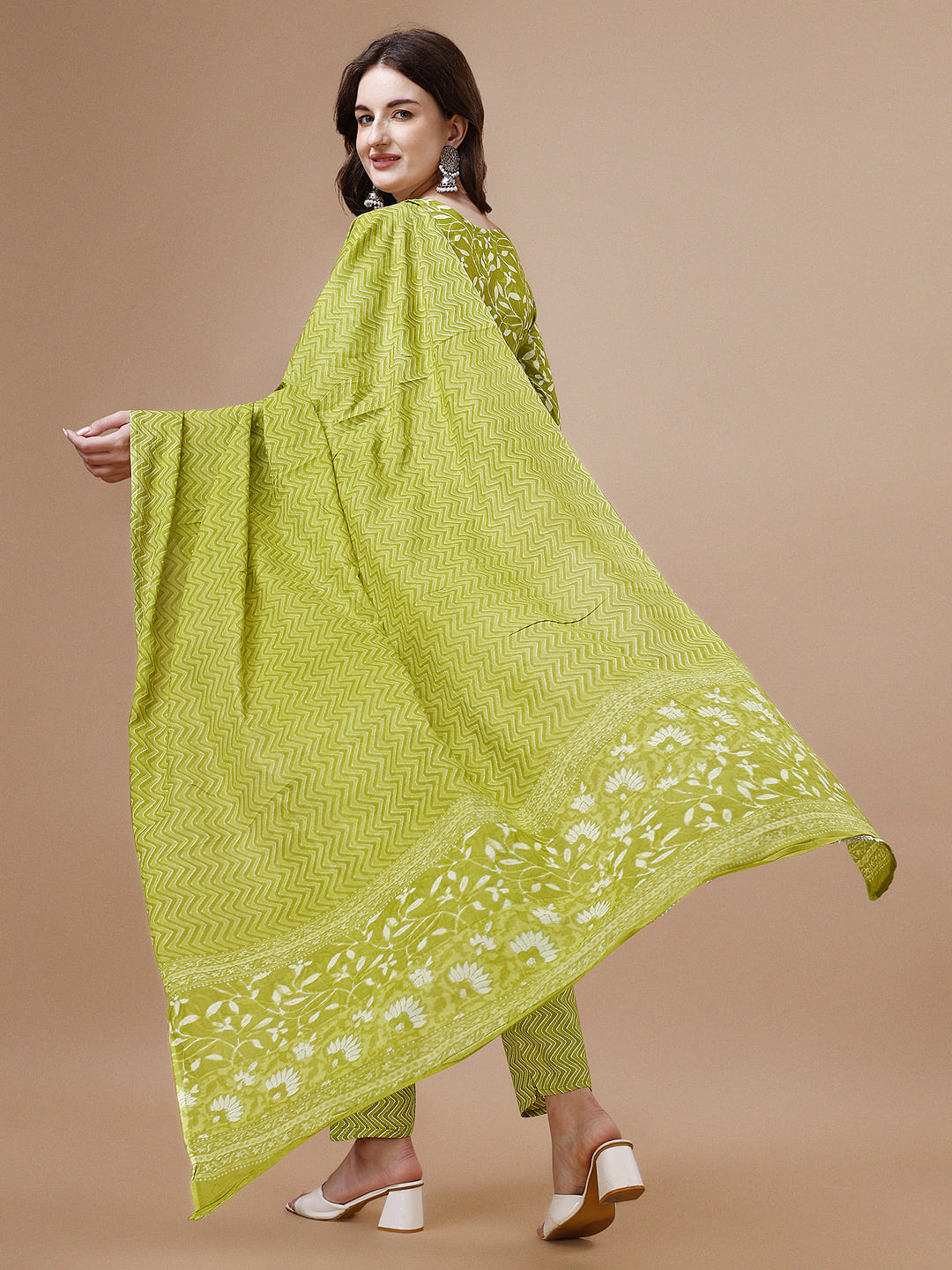 Embroidered & Floral Printed Cotton Kurta With Pant & Dupatta Set, Multicolor - Hiral Fashion | Grocsy