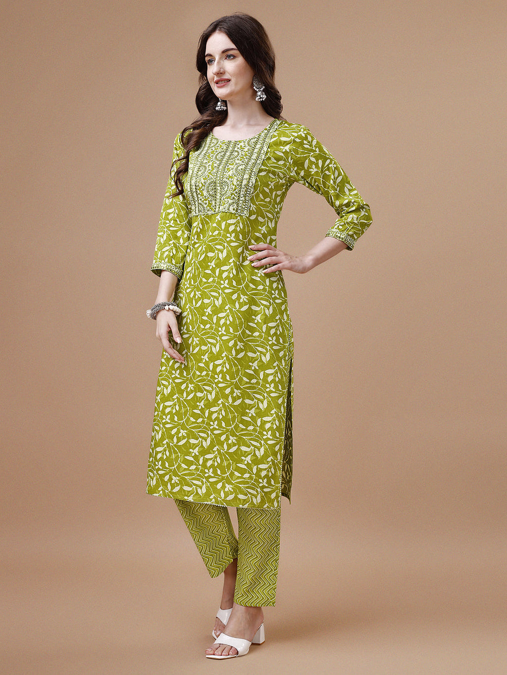 Embroidered & Floral Printed Cotton Kurta With Pant & Dupatta Set, Multicolor - Hiral Fashion | Grocsy