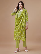 Embroidered & Floral Printed Cotton Kurta With Pant & Dupatta Set, Multicolor - Hiral Fashion | Grocsy