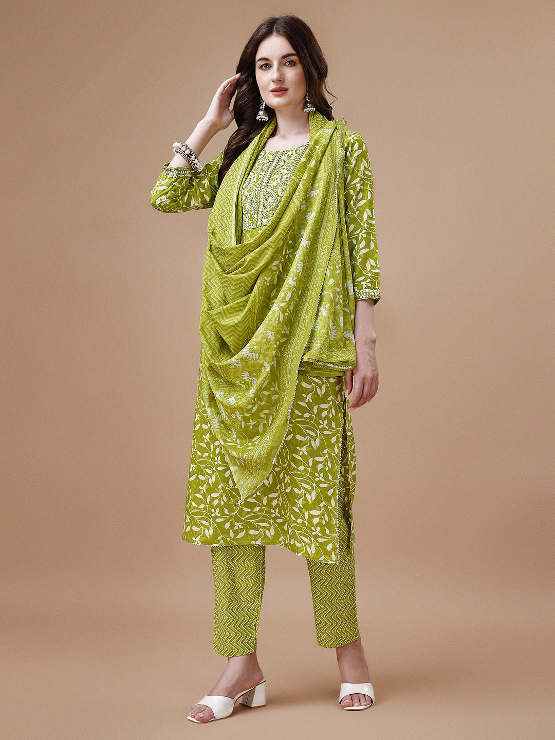 Embroidered & Floral Printed Cotton Kurta With Pant & Dupatta Set, Multicolor - Hiral Fashion | Grocsy