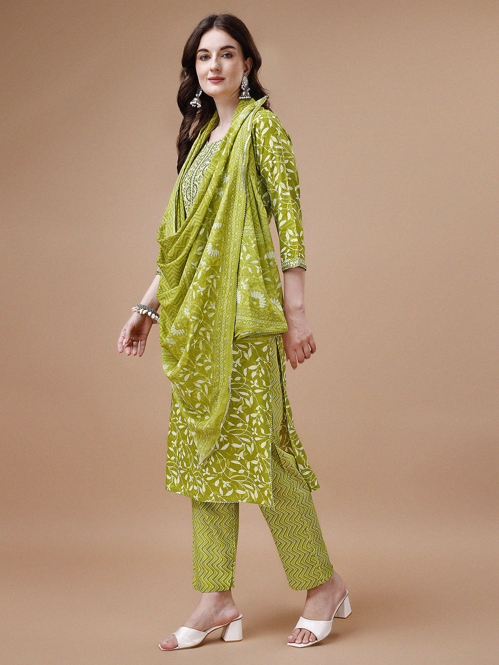 Embroidered & Floral Printed Cotton Kurta With Pant & Dupatta Set, Multicolor - Hiral Fashion | Grocsy